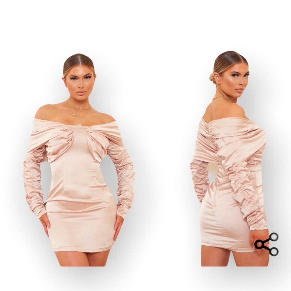 PrettyLittleThing | New Champagne Pleated Satin Shoulder Midi Dress•